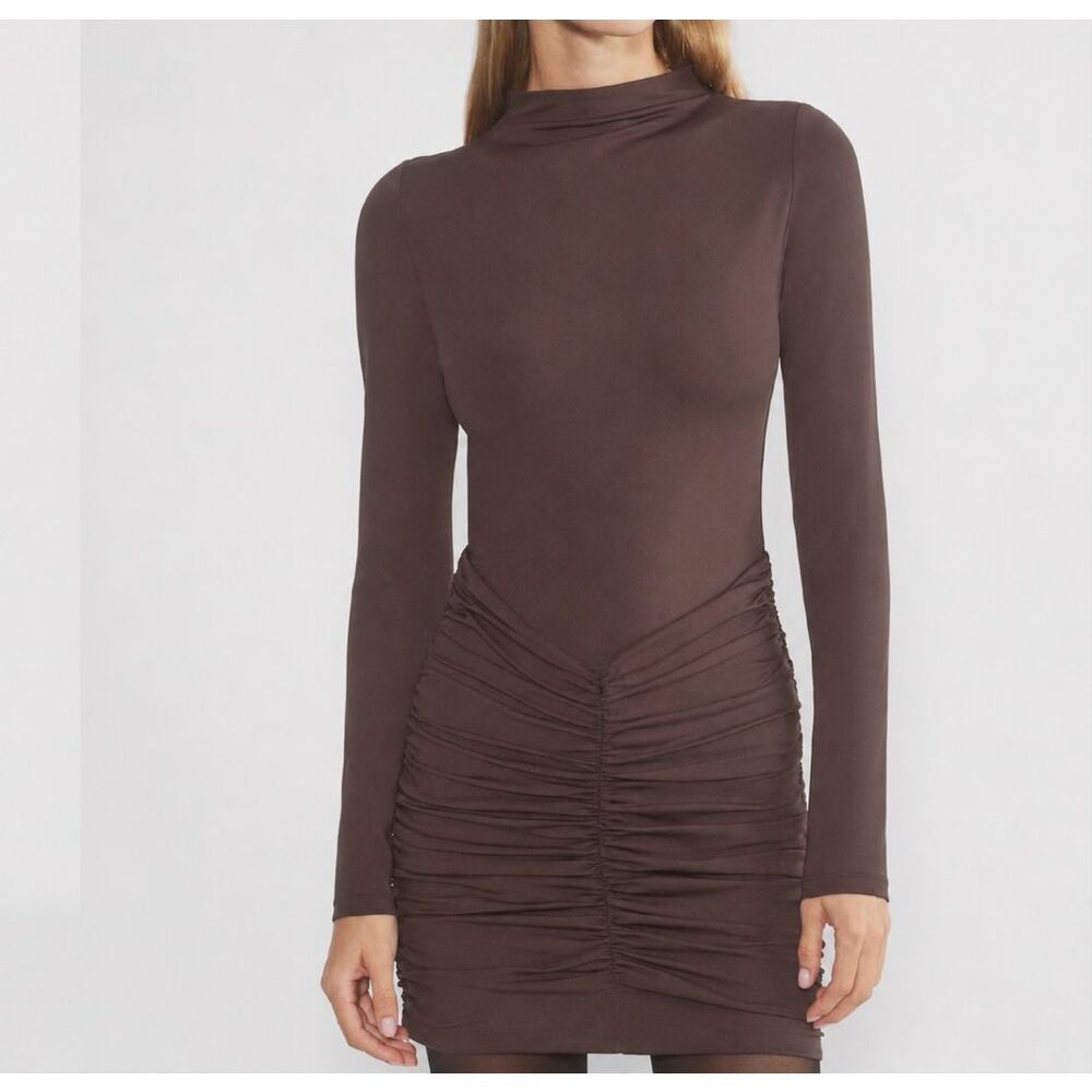 Aritzia Chocolate Brown Long-Sleeve Ruched Mini Dress